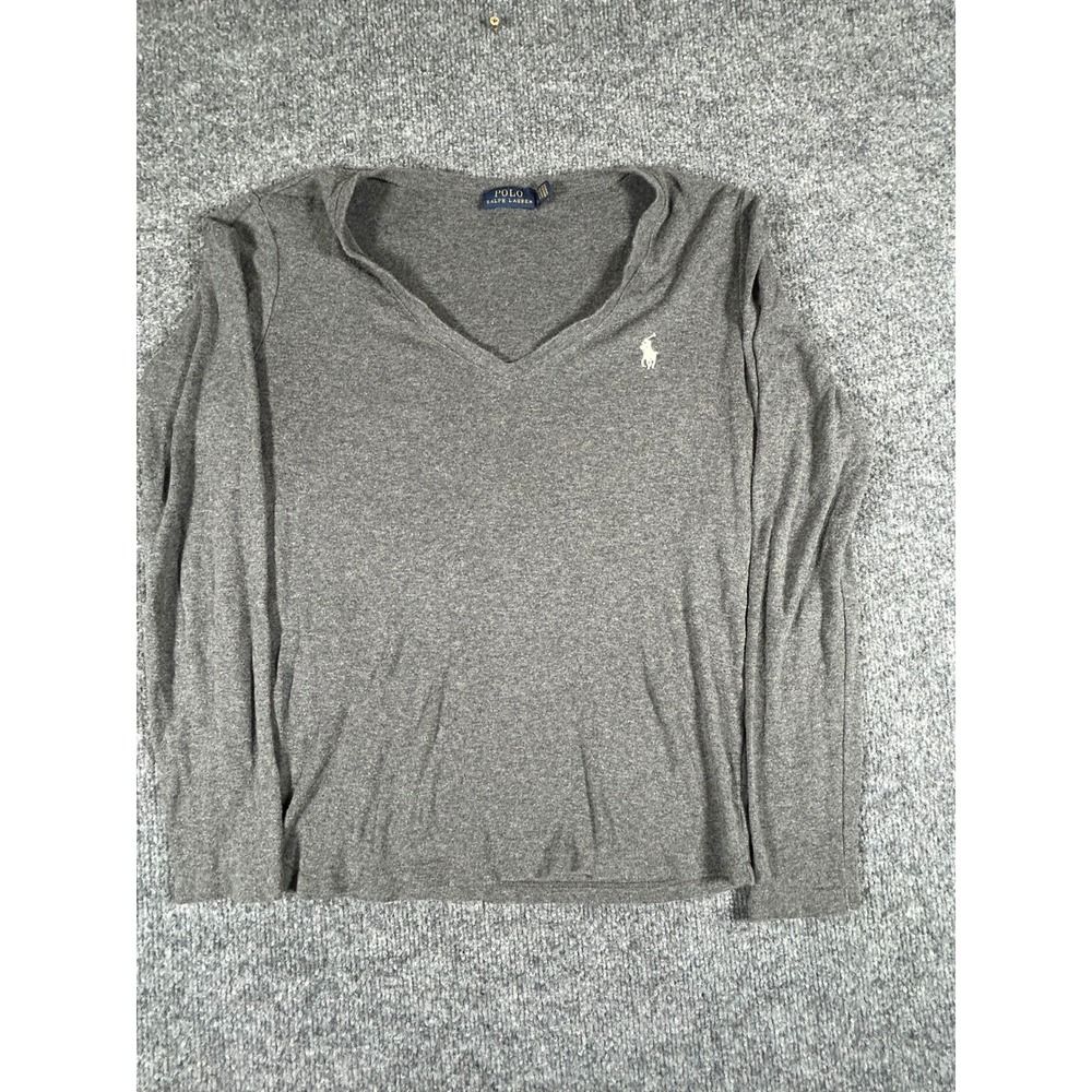 Polo Ralph Lauren Shirt Womens Size S Grey V-Neck Long Sleeve Pony Logo Casual